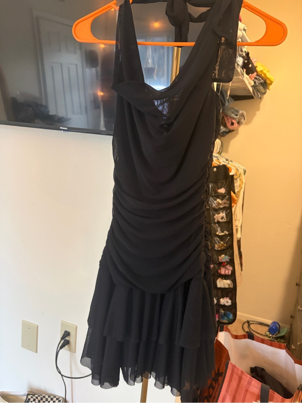 Arden B Black Halter Ruching Tiered Chiffon Mini Dress